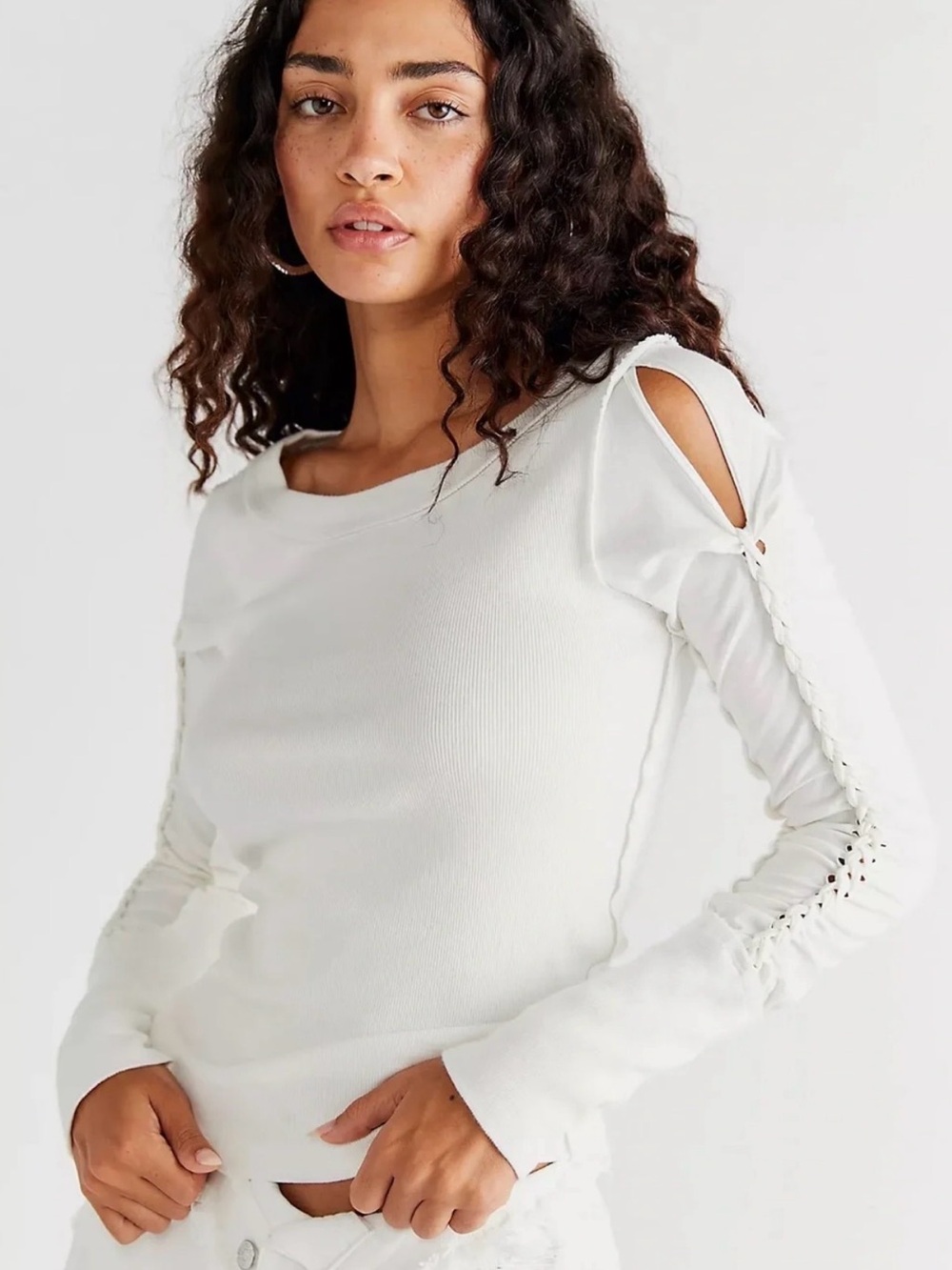 We the Free | White Long Sleeve Tee with Braided Sleeves, XL